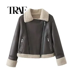 TRAF Warm Women Fleece Thick Jackets 2024 Winter Fashion Ladies Vintage Faux Leather Jacket Casual Female Smart Short Outerwear