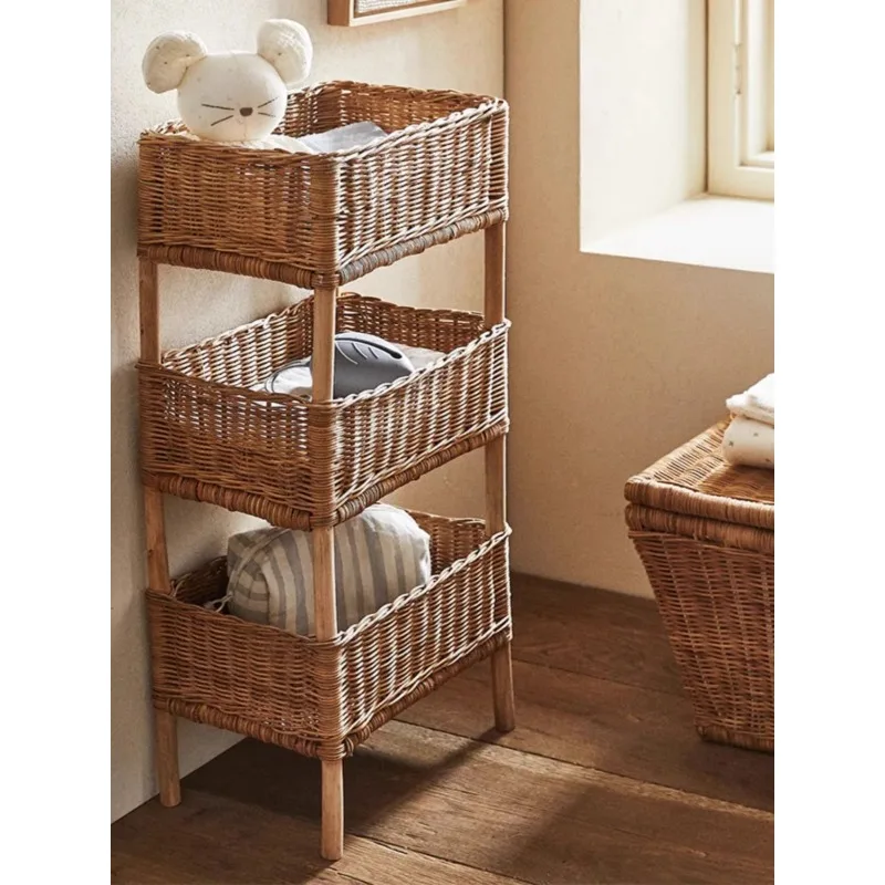Natural rattan rack floor-to-ceiling three-layer washable multi-layer solid wood storage rack finishing storage basket