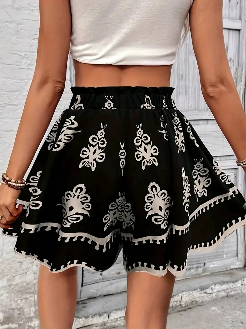 Fashion Summer Women Ladies' Positioning Printed Casual Wide Leg Shorts Floral Ruffles Bandage