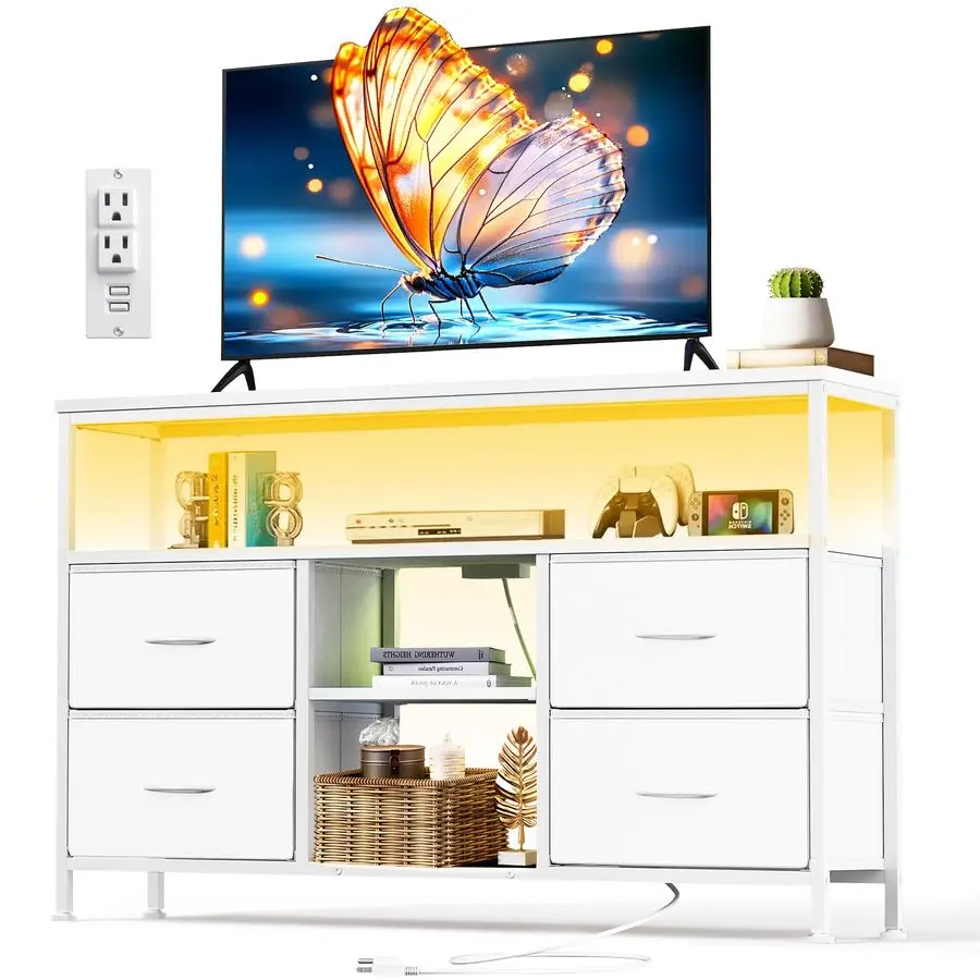 

Stand Dresser for Bedroom, Entertainment Center for TV up to 50 inch with LED Lights amp Charging Station, Media Console with 4