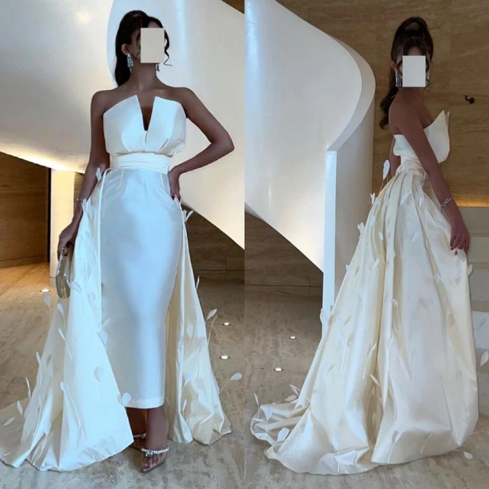 Vestido de noche de satén con plumas para mujer, sin tirantes traje Formal, elegante, sencillo, de lujo, 2023