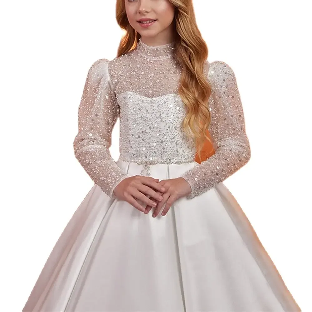 Vestidos de satén con purpurina para niña, Vestido de manga larga, línea A, graduación, cumpleaños, boda, comunión