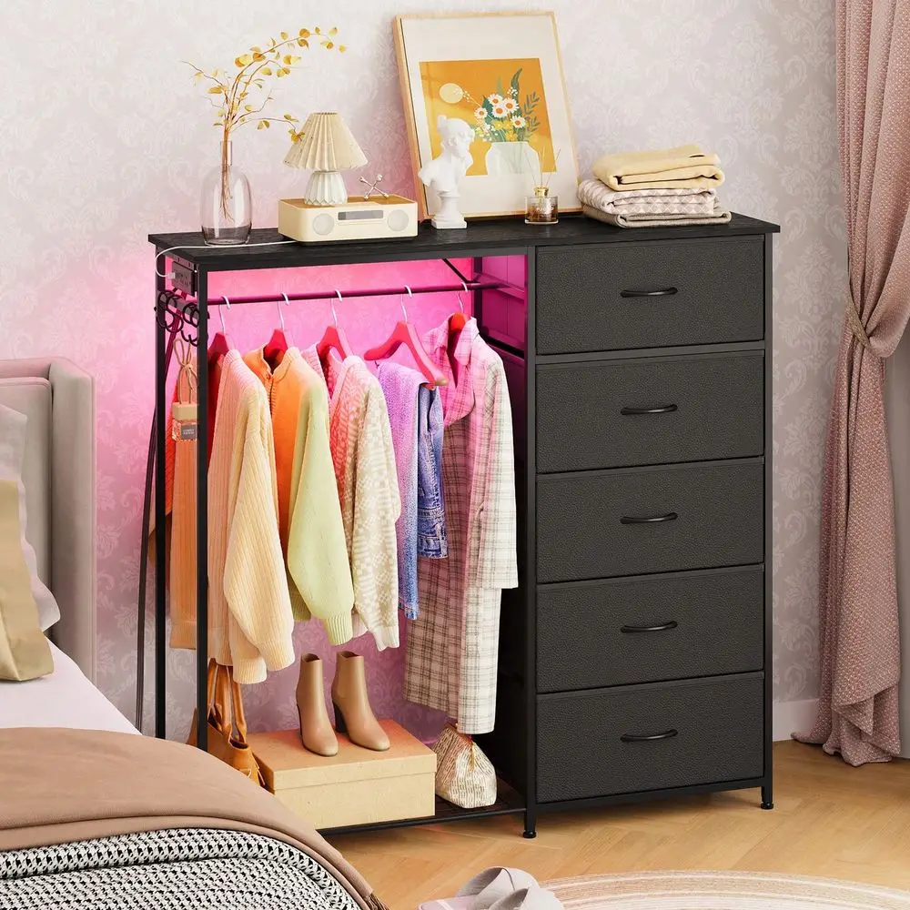 

Hanging Rack Dresser With 5 Fabric Drawers, LED Lights USB Charging Station, Wood Top Wardrobe Closet Organizer, Large Storage