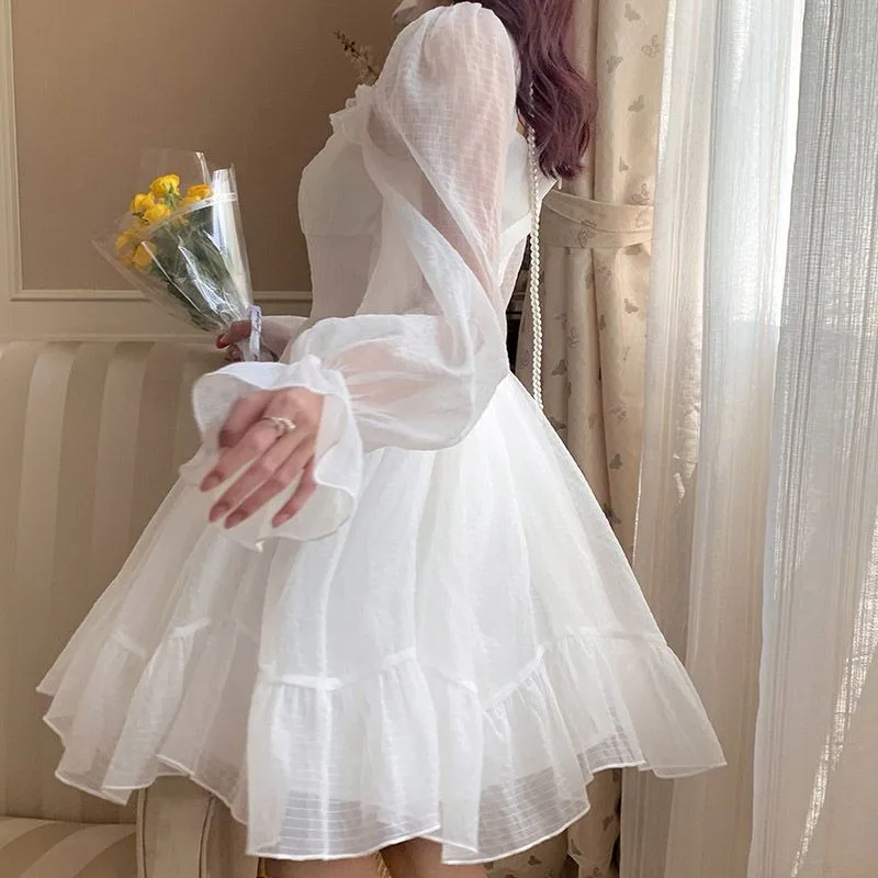 French Fairy Bow Mesh Princess Dress Spring Summer Flare Sleeve Sheer Waisted A-line Ruffled Midi Dresses Party Vestido