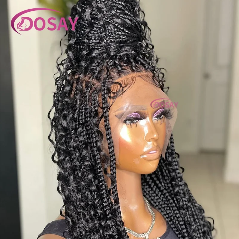 

32-дюймовые плетеные парики в богемном стиле для чернокожих женщин, плетеный парик без узлов с вьющимися волосами, 13*6 HD, кружевные парики, синтетический парик в стиле бохо с косами