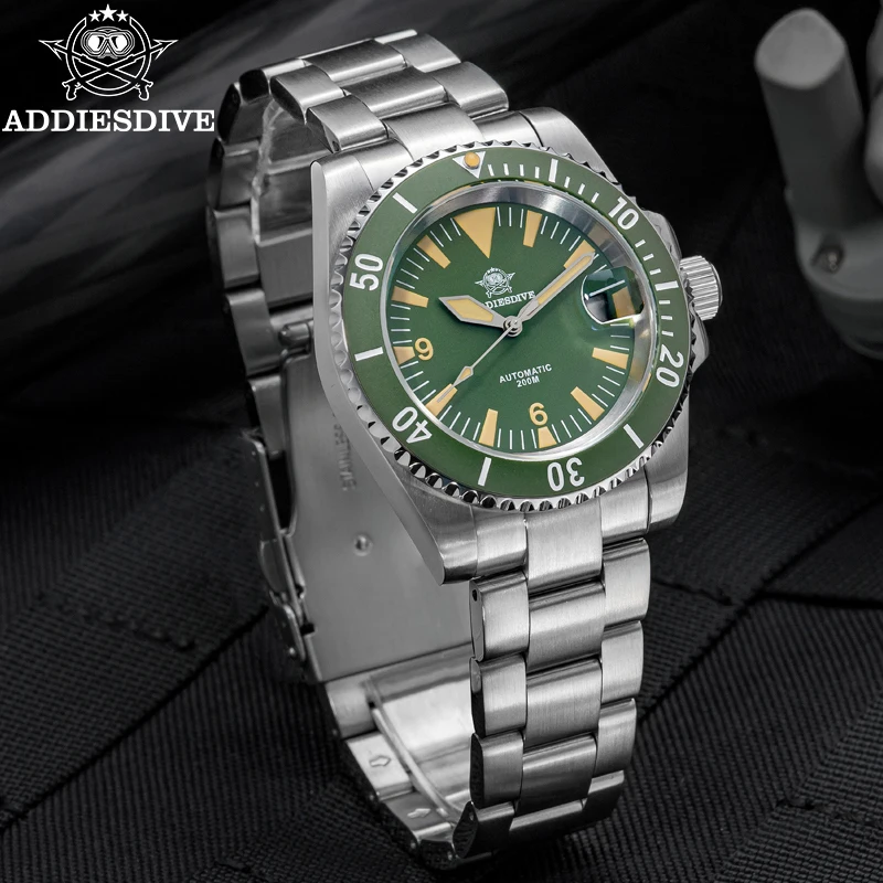 ADDIESDIVE-Reloj de buceo AD2064 para hombre, pulsera mecánica automática de lujo, cristal de zafiro, 200m, relojes luminosos de acero inoxidable