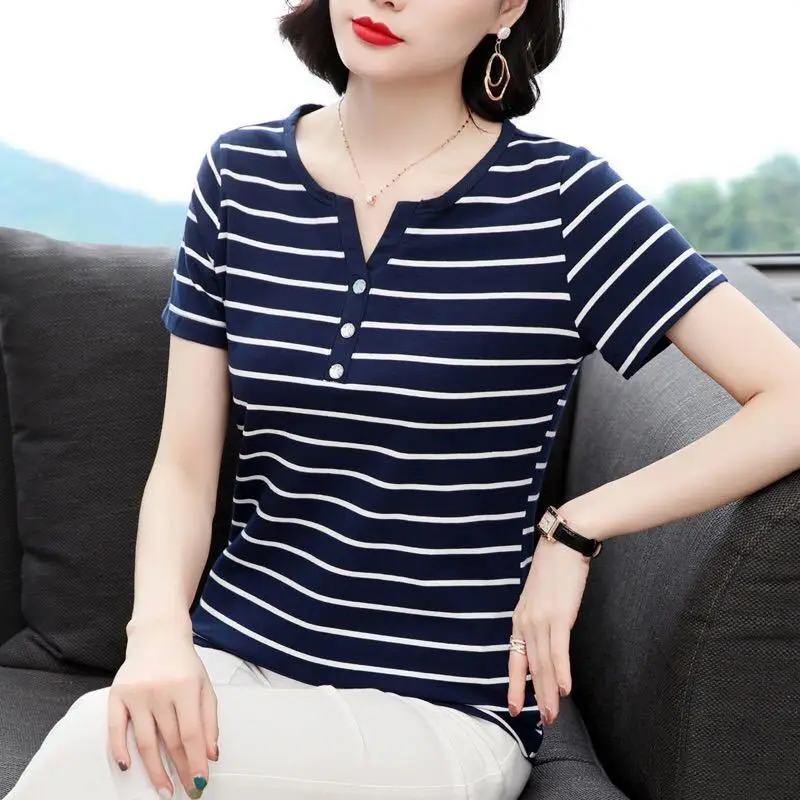 

2023 Summer New Women's Clothing Tee Shirt V-neck Short Sleeve Button Striped Loose Casual Home Slimming Large Versatile Tops