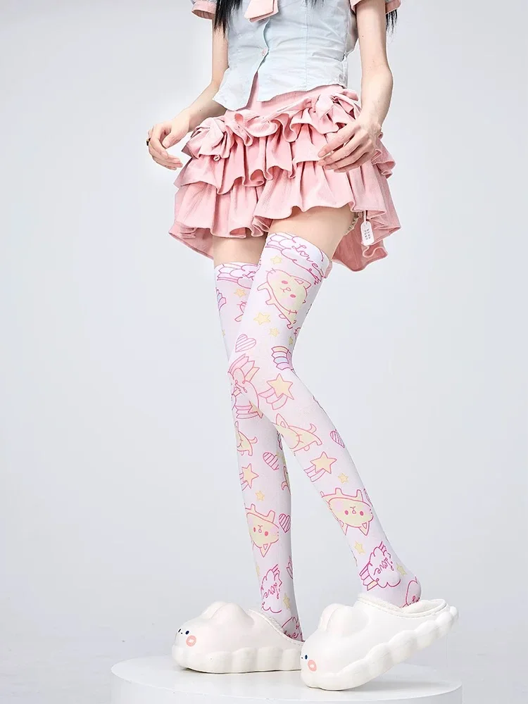 Cute Printed Rabbit Over The Knee Stockings Soft Girl Lolita Daughter Clothes Cute Strawberry Cosplay Velvet Thigh Stockings