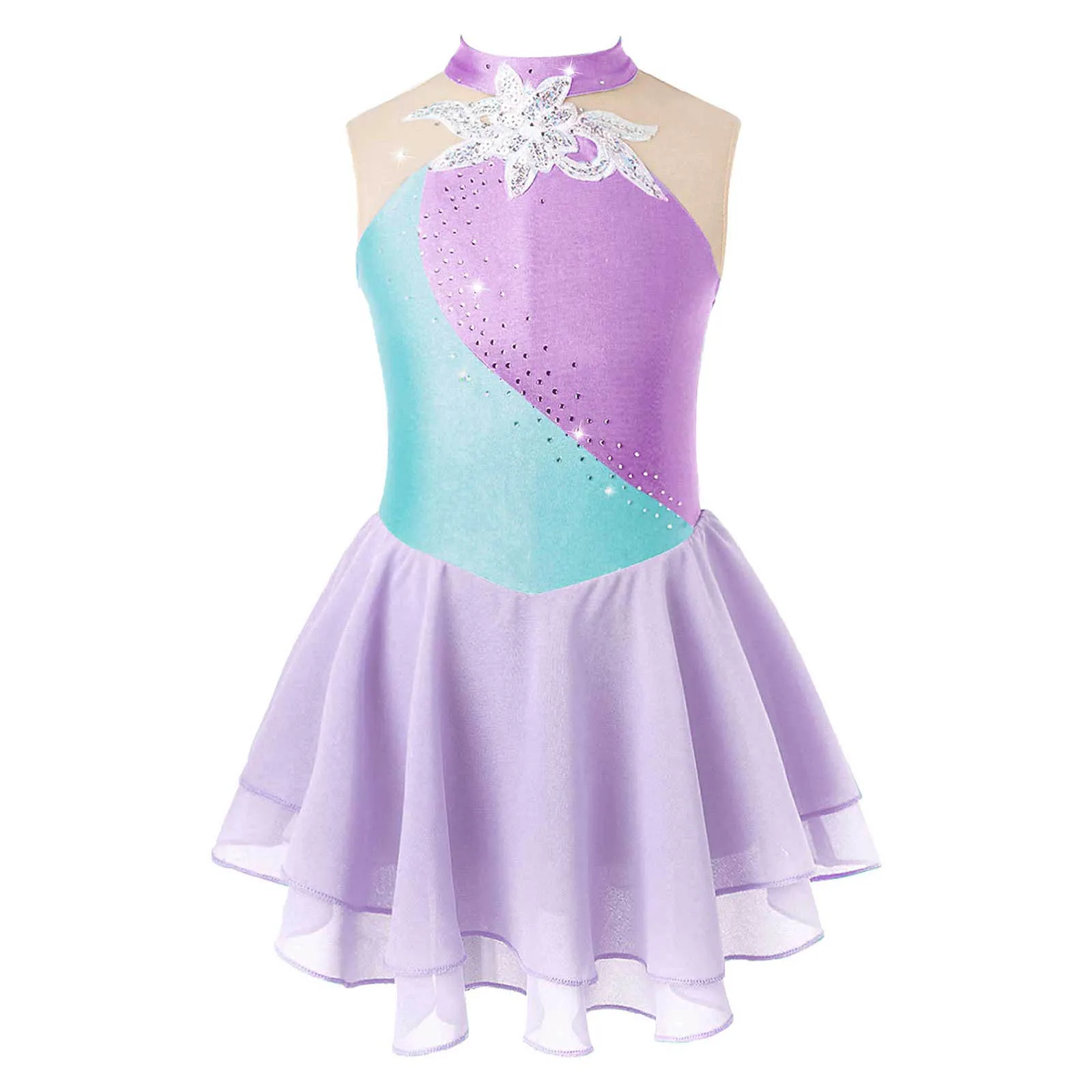 Figure Ice Skating Dress Kids Girls Rhinestone Mesh Splice Sleeveless Ballet Dress Gymnastics Leotard Performance Costumes