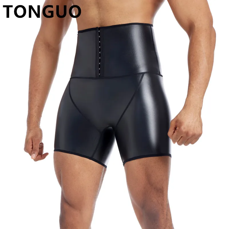 

New Men High Waist Fashion Fitness Slim Stretch Leather Pants Body Shaper Waist Trainer Abdomen 3Hook Compression Leather Shorts