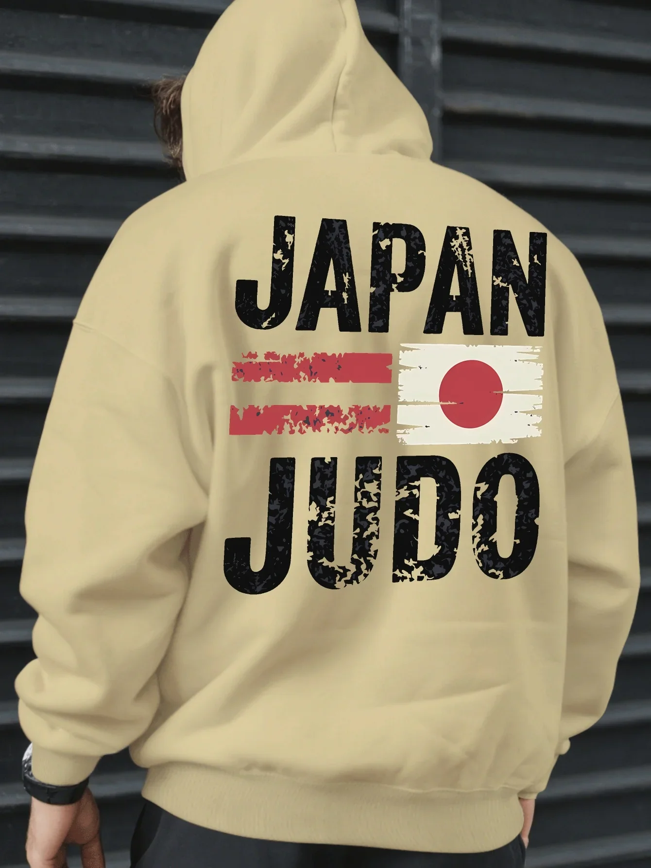 Men Trendy Hooded Sweatshirt Japan Judo Retro Distressed Flag Letter Print Hot Sale Autumn Winter Fleece Pullover