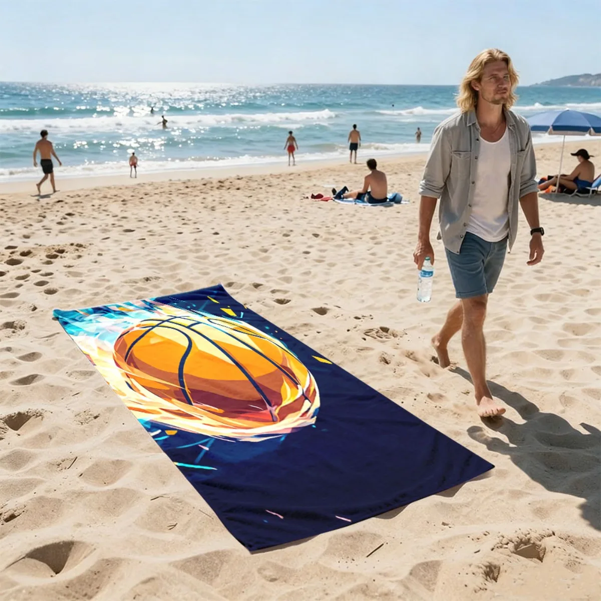 Dynamic Flame Basketball Theme Design polyester microfiber beach towel is highly absorbent, suitable for swimming beach outings