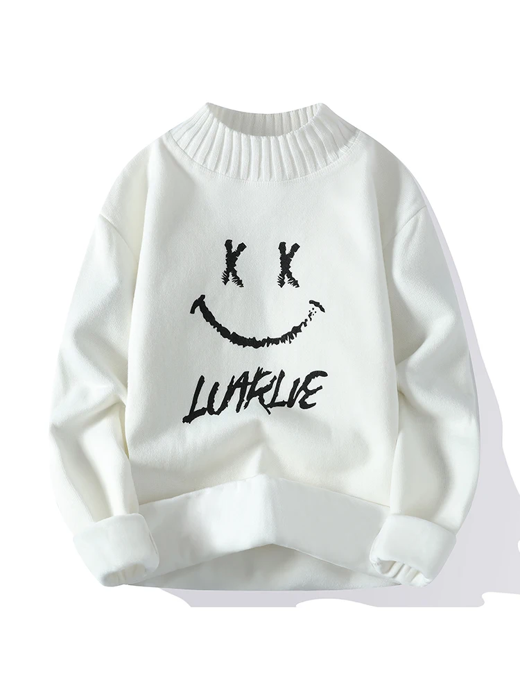 

Thiened Inteated Fce Knitted Sweater Men's Winter Faion Loose Smile Face Base irt Youth Active Sle Long Sve C...