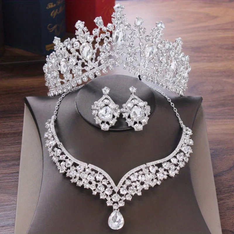 Luxury Silver Color Crystal Water Drop Bridal Jewelry Sets Rhinestone Tiaras Crown Necklace Earrings Wedding Dubai Jewelry Set