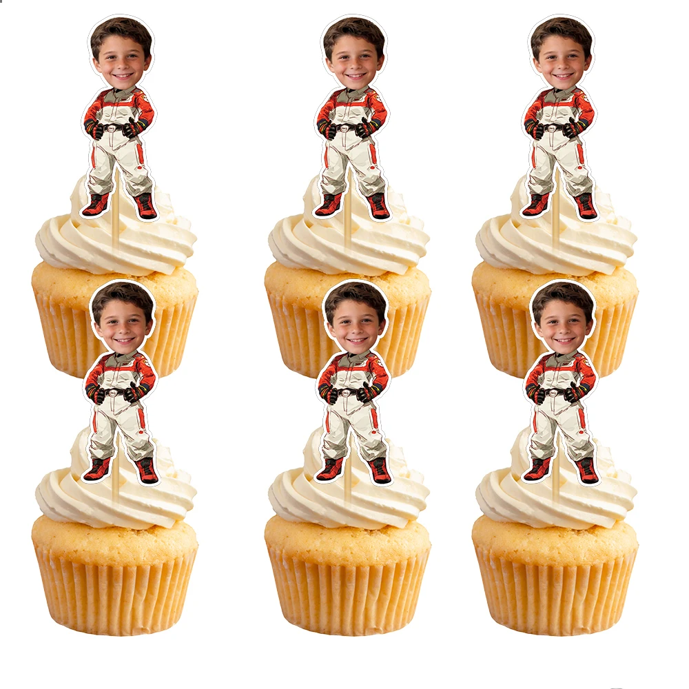 Personalisierter Geburtstags-Rennwagen-Kuchenaufsatz mit individuellem Gesichtsfoto, Rennsport-Thema, Meilenstein-Geburtstagsfeier, Kuchendekoration