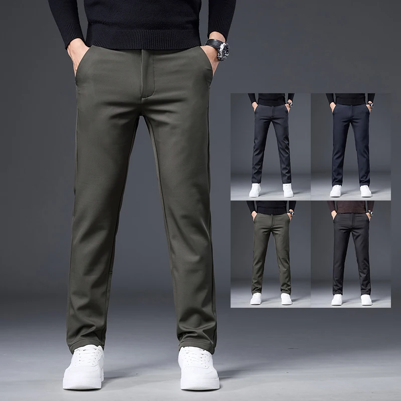 

Autumn New Men's Elastic Casual Pants Slim Straight Anti-wrinkle Comfortable Solid Color Business Trousers Black Gray Blue