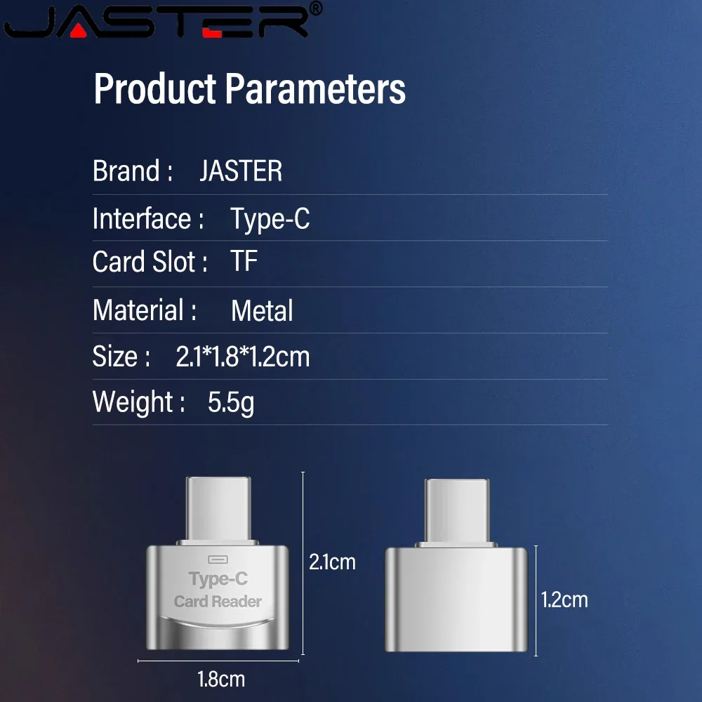 JASTER High Speed Metal Type-C Memory Stick Card Reader Silver Black Universal Card Reader Use for Mobile Phone Tablet Computer