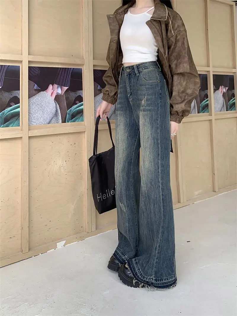 Vintage Y2K 90s Blue Women Jeans American Retro Chic Office Ladies Pockets Basic Female Flare Trousers High Waist Casual Pants