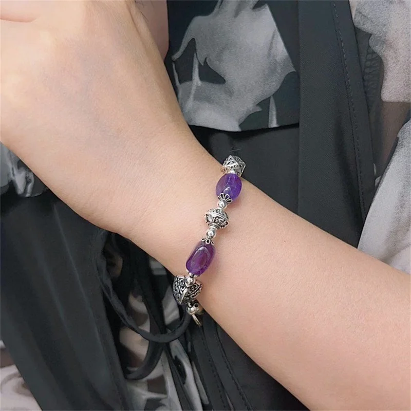 

Sterling Silver Bracelet S925 Gift For Women DIY Amethyst Originality Agate Girl Charm Garnet Festival Retro Fashion Jewelry