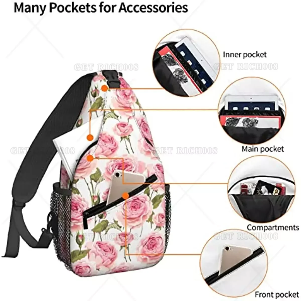 Watercolor Floral Rose Sling Backpack Chest Bag Crossbody Shoulder Bag Gym Cycling Travel Hiking Daypack for Men Women Casual