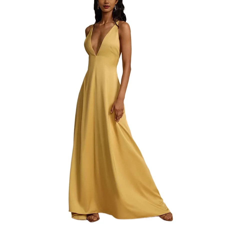 

New Summer European American Sexy Fashionable Simple And Atmospheric Backless V-neck Satin Long Dress For Women