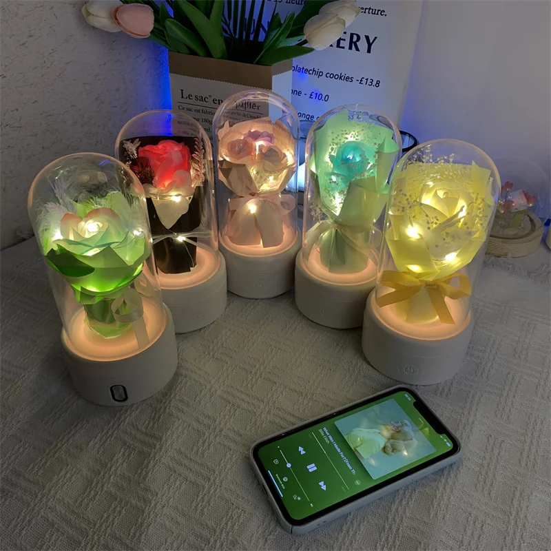 

2 In 1 Bouquet LED Light Bluetooth Speaker Creative Mother's Day Gift Rose Flowers Luminous Night Light Ornament In Glass Cover