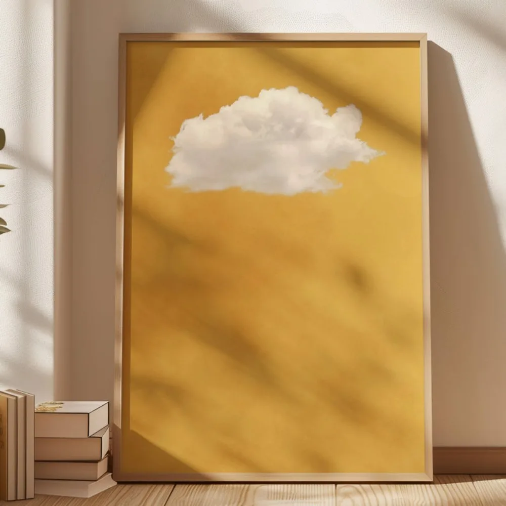 A Frameless Yellow Cloud Wall Art Print,Mustard Cloud Poster Canvas Painting,Sunshine Yellow,Simple Art Decor in The Living R