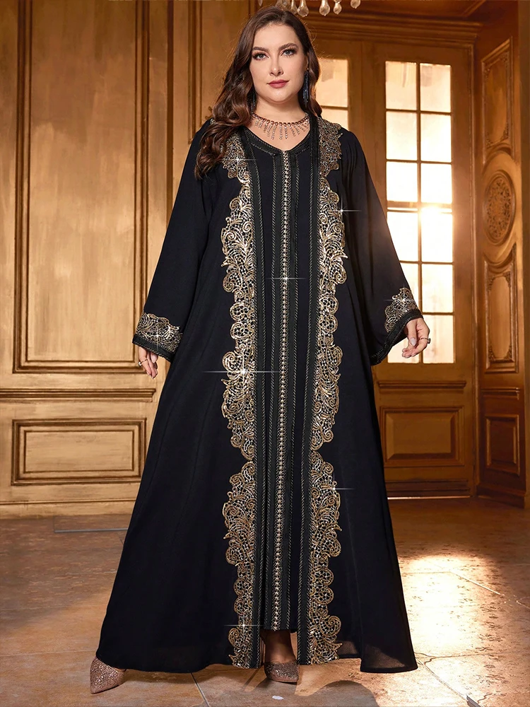 TOLEEN Women Plus Size Maxi Dresses Loose Appliques Sequined V-Neck Robe Two-Piece Set Casual And Elegant Daily Party Dress
