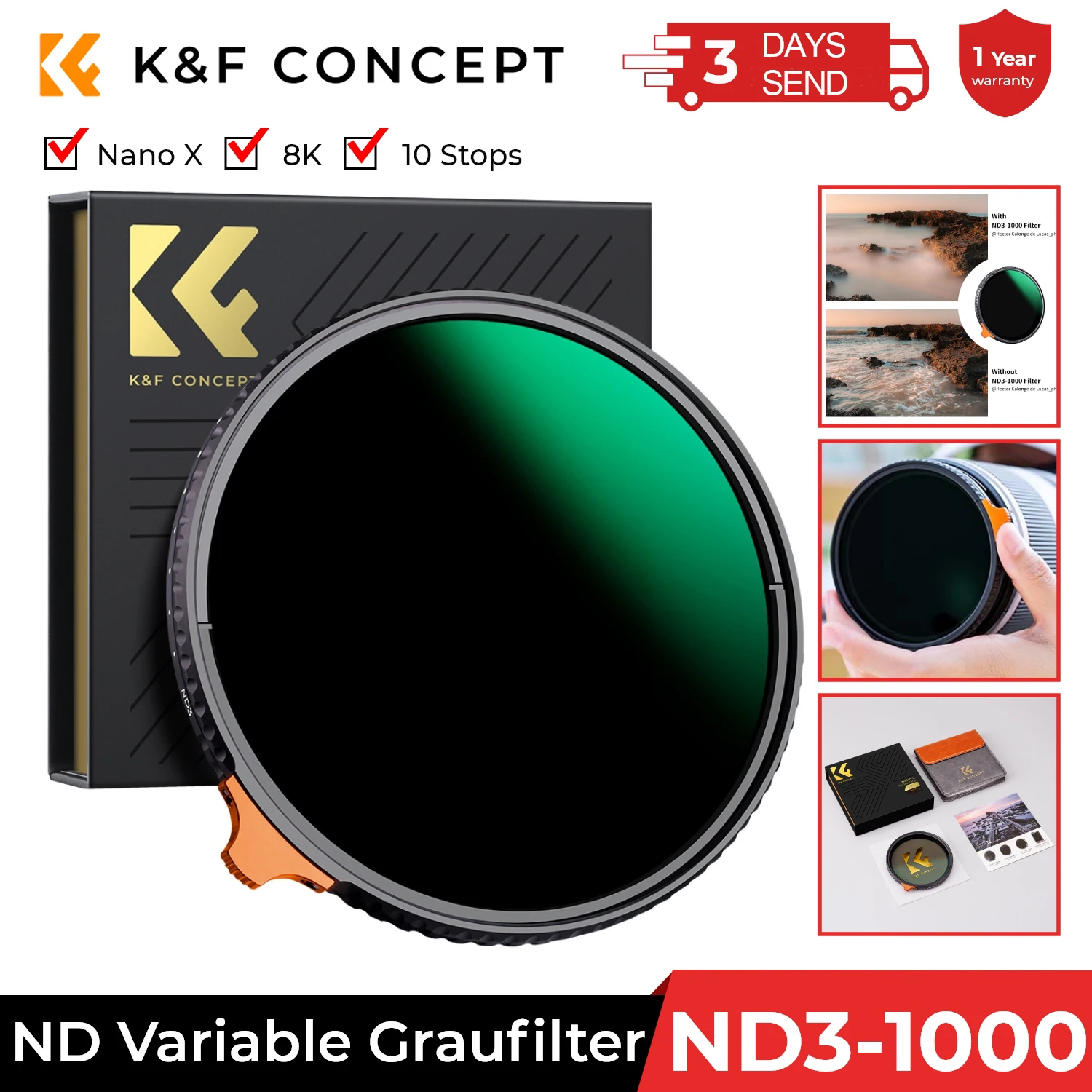 

K&F CONCEPT Variable ND Filter ND3 to ND1000 Multi Coated Adjustable Camera Lens filters 49mm 52mm 55mm 58mm 62mm 67mm 77mm 82mm