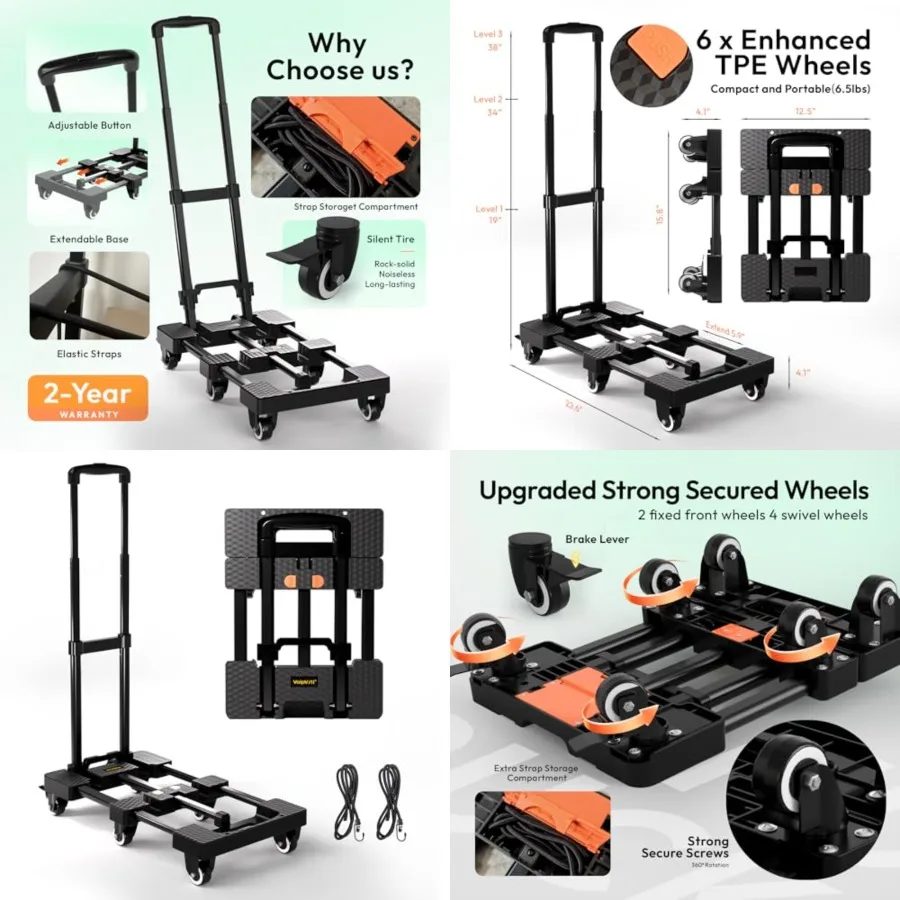 

Folding Hand Truck 500lbs, Portable Heavy Duty Dolly Cart, 6 Wheels Collapsible Luggage Cart with 2 Elastic Ropes - Compact Tro