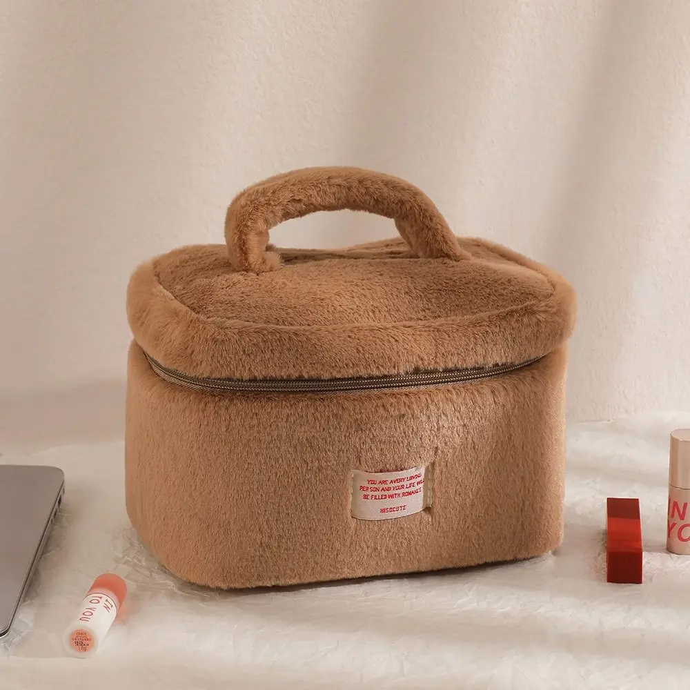 Sweet Solid Color Plush Cosmetic Bag Zipper Handbag Toiletries Bag Korean Style Lager Capacity Makeup Bags Outdoor