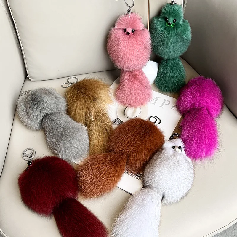 2024 Hot Sale Cute Real Fox Fur Keychain Plush Animal Children\'s Toy Bag Pendant Jewelry Car Key Metal Girls Ring Trinket