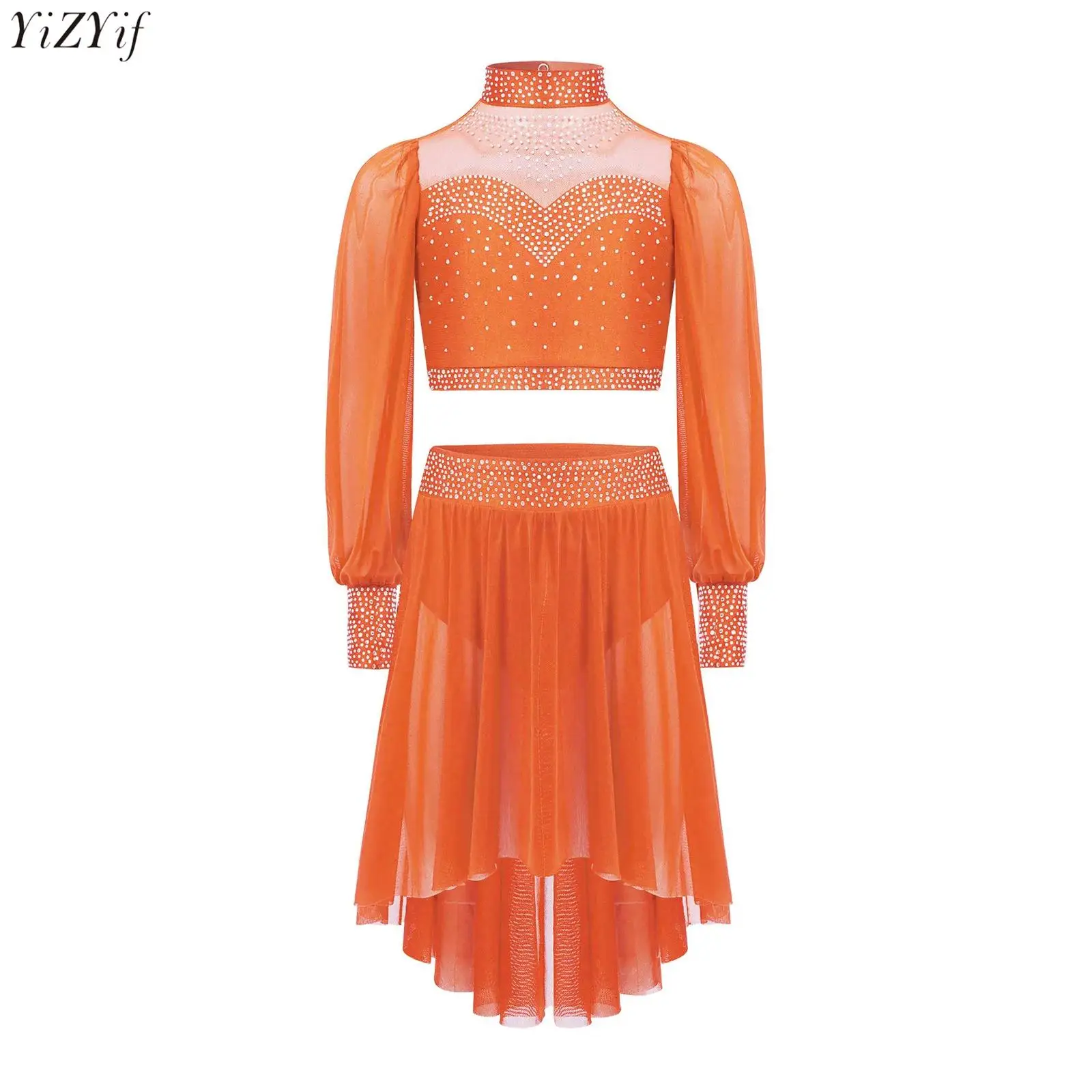 

Kids Girls Figure Skating Lyrical Dance Outfit Sheer Mesh Long Sleeves Cutout Back Crop Top+Skirt for Ballet Performance Costume