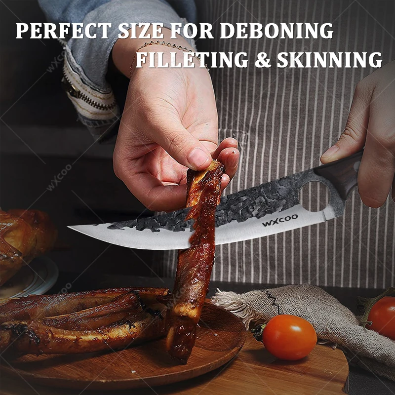 Forged Hammer Pattern Meat Cleaver Stainless Steel Butcher Knife Boning Knife Kitchen Fish Vegetable Slicing Knife with Cover