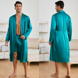 2024 New Robe Suit Men Ice Silk Robe&shorts Set Nightwear Loose Kimono Intimate Lingerie Solid Color Home Clothes Bathrobe