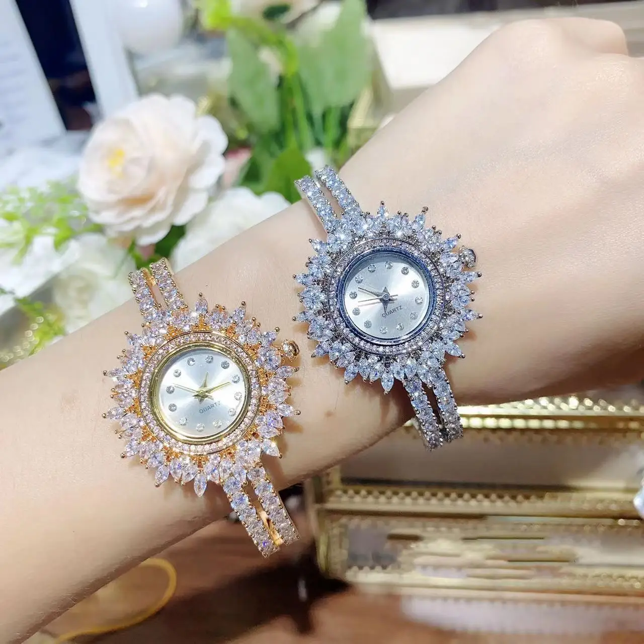 New Arrival Fashion Unique Design Watch Bracelet Cuff Bangle CZ Zircon Luxury Women Wedding Party Jewelry Annivesary Gift