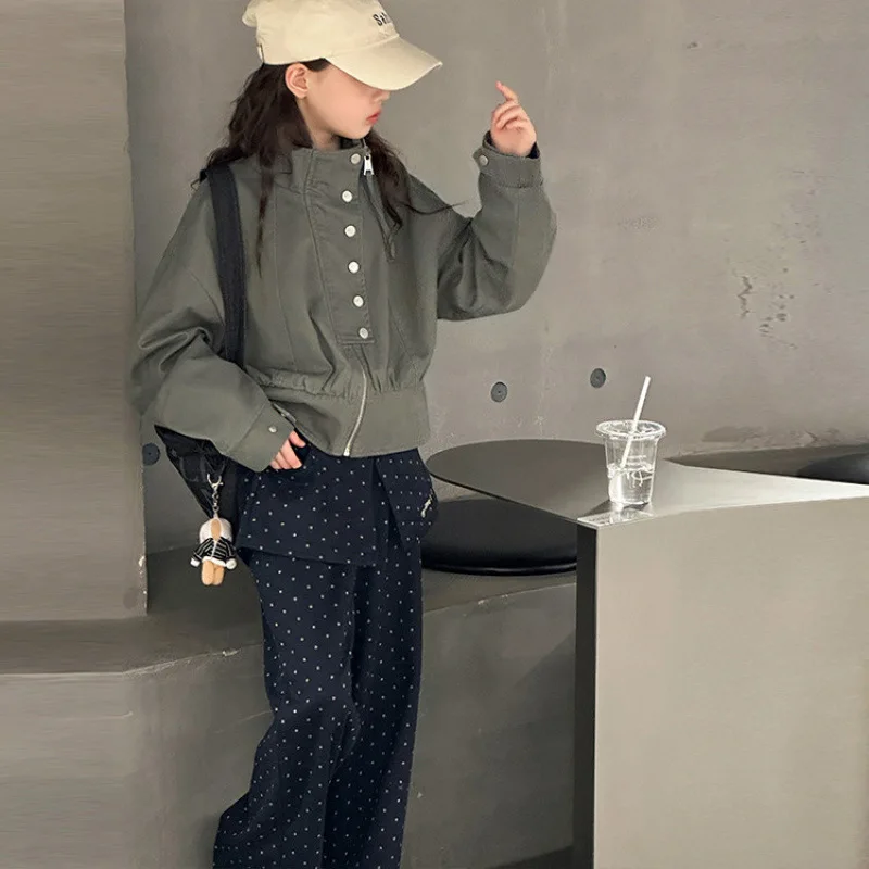 

Autumn Children Girls 2pcs Sets Junior Girls Turtleneck Zipper Jacket Teenager Girls Patchwork Dot Printed Straight Leg Pant