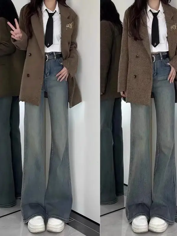 

Retro Stretchy Flared Jeans Women's Spring 2025 New Style Casual High Waist Wide Leg Blue Denim Pants plus Size MM