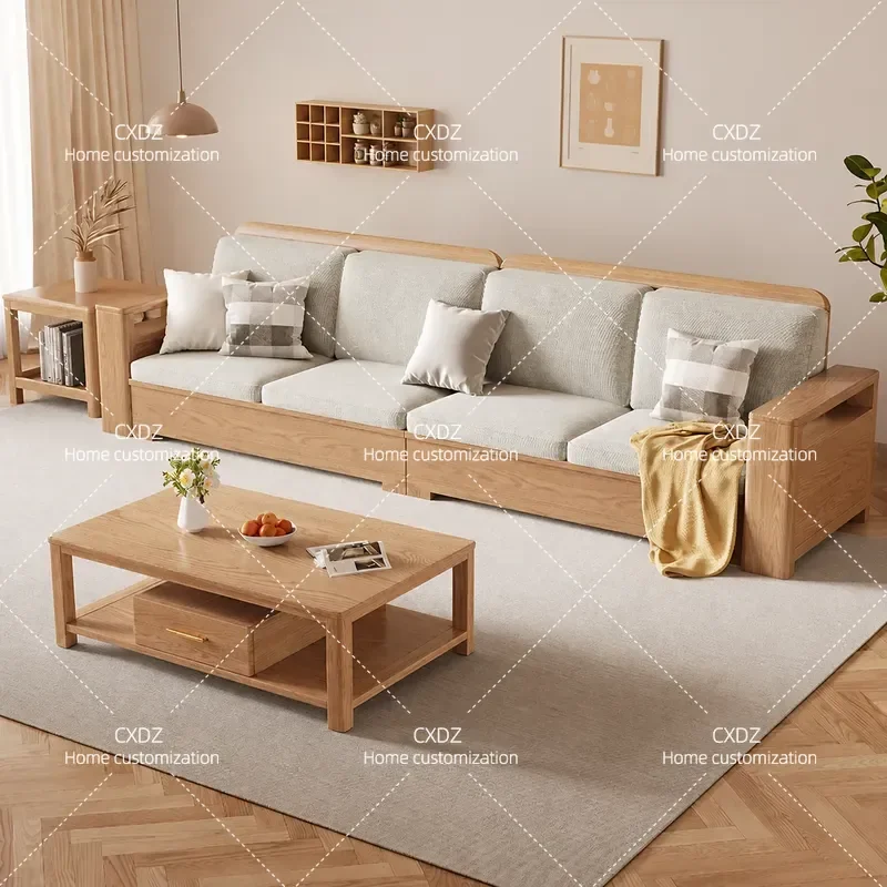Solid Wood Sofa Ash Wood Frame Fabric Upholstery Simple Straight Row Couch for Small Apartment Living Room Furniture