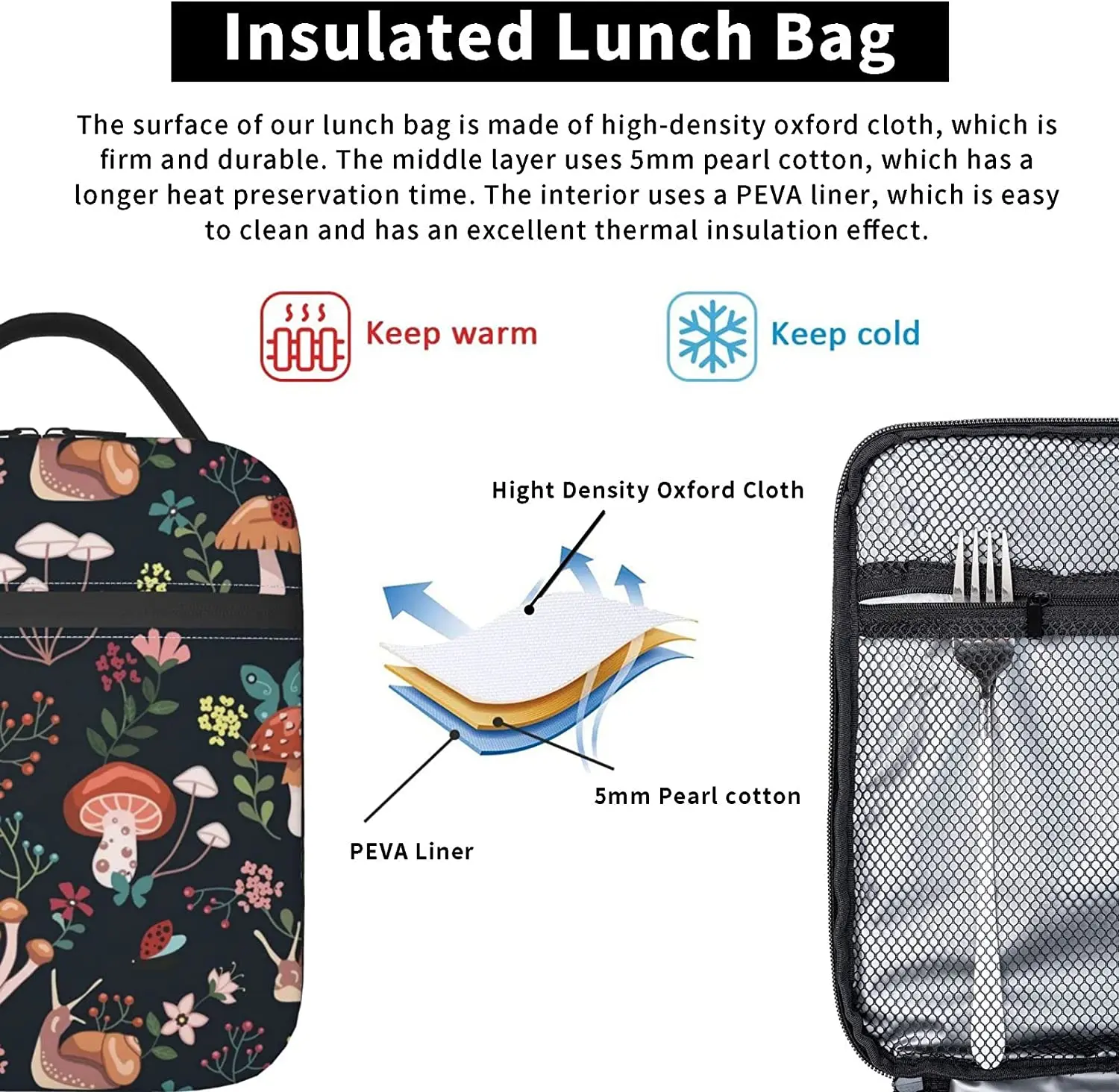 Mushrooms Snails Butterflies Lunch Bag Kawaii Lunch Bag Lunch Box for Women Men Reusable Adult Lunch Bags for Women Portable