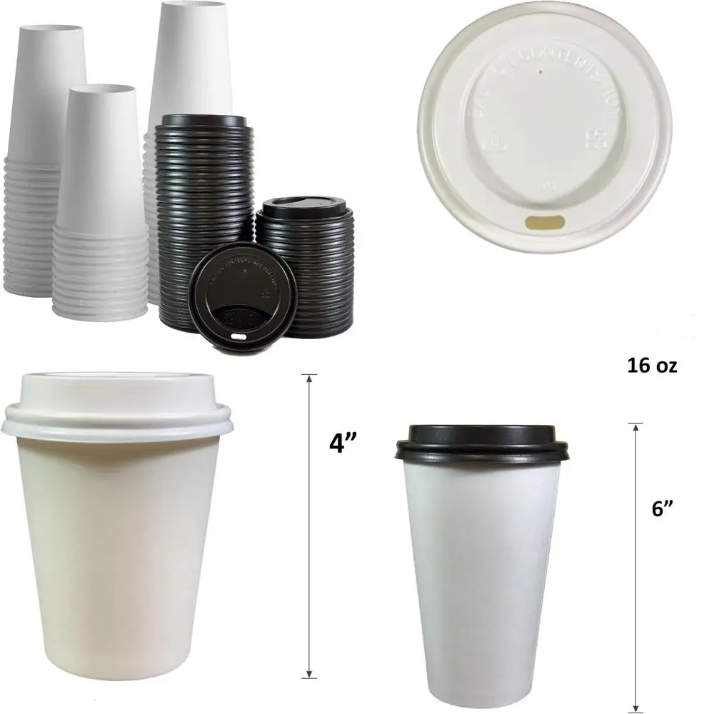

Белые бумажные кофейные чашки емкостью 16 унций с черными крышками — одноразовые 400 комплектов для повседневного использования