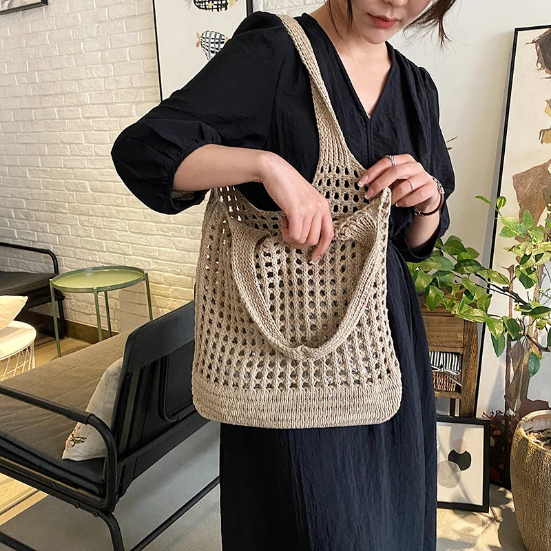 Vintage Hohl Design Gewebt Frauen Schulter Tasche Stricken Große Kapazität Handtaschen Sommer Reise Shopper Tote Für Damen Strand Taschen – Detail 11