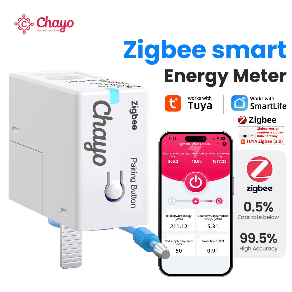 Chayo Zigbee Smart Energy Meter 1-50A,Tuya APP Remote Power Monitoring, Prepaid Function,Work with Smart Life and Home Assistant