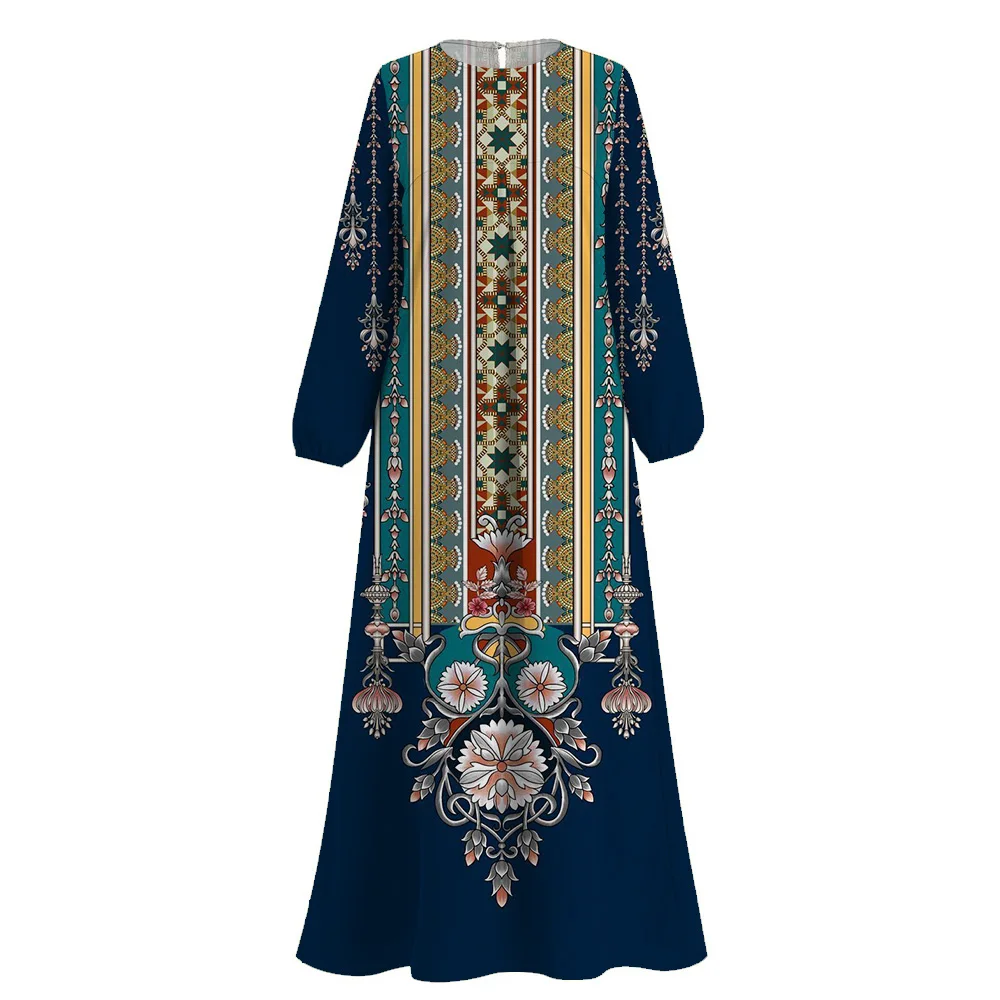 Fashion Muslim Women Clothing Abaya Dubai Abaya Dubai Luxury Turkey Kaftan Muslim Islam Long Sleeve Round Neck Printing Robe