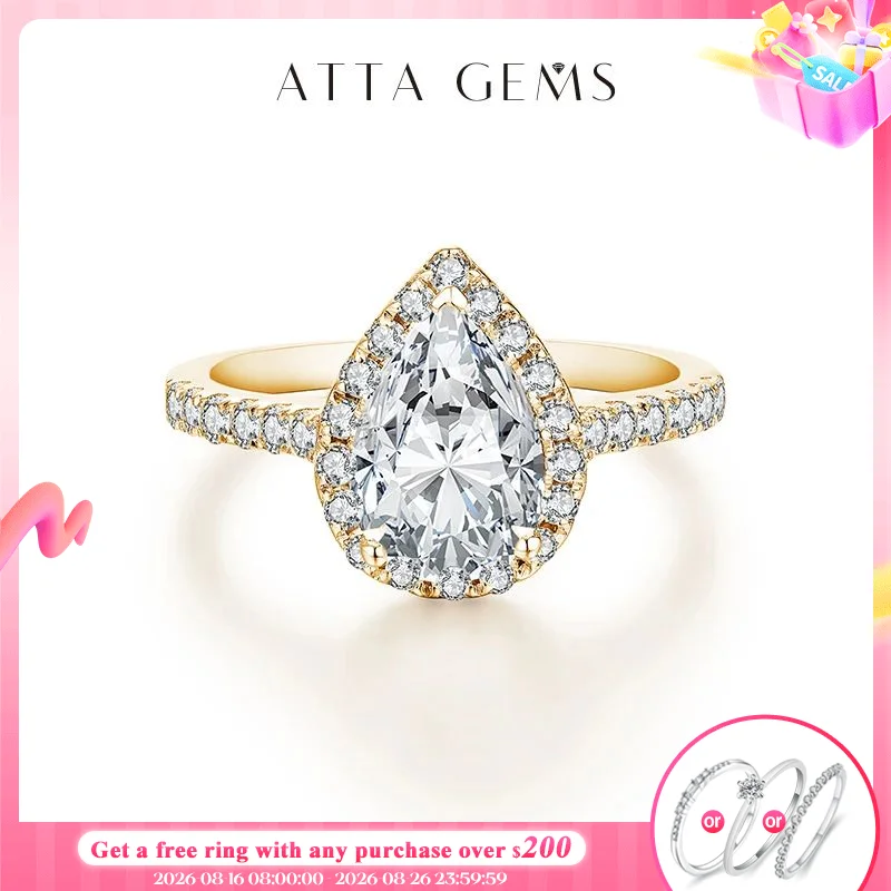 ATTAGEMS Birnenschliff 2,0 CT D Farbe VVS1 Luxus-Moissanit-Ring aus echtem 925er Sterlingsilber für Frauen, Verlobung, Hochzeit, Schmuck, Geschenk