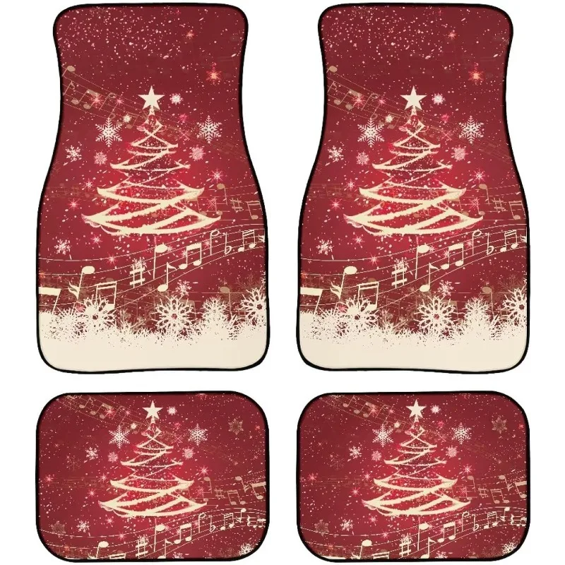 Set Of Four Car Floor Mats Featuring Festive Designs Like Christmas Lights, Snowflakes, Snowmen, And Christmas Trees. These Unis