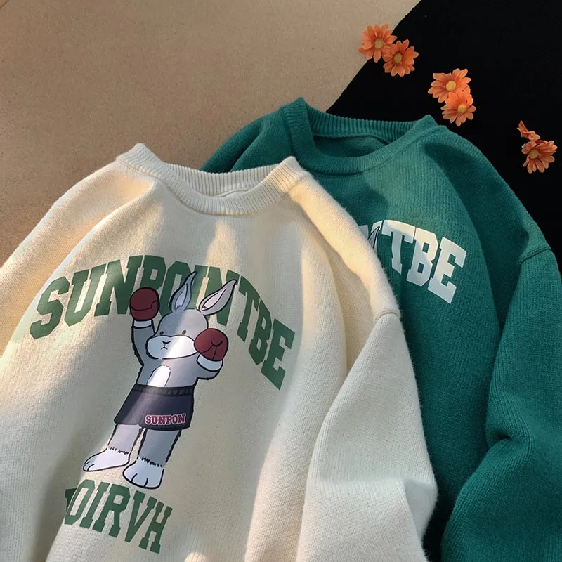 

Cartoon Print Couple Sweaters Loose Knitted round Ne Overhead Base irt Winter Casual Long Sve Animal Patterned