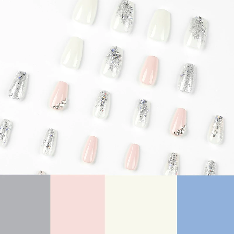 24Pcs Pink and White Contrast Press on Nails Rhinestone Silver Glitter False Nail for Women&Girl Removable wearable Nail Art