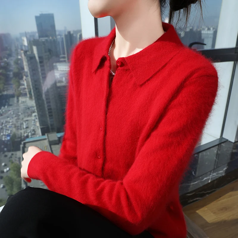 

Autumn And Winter New Mink Cashmere Cardigan Women's Knitted Coat Polo Neck Loose Solid Color Bottoming Shirt Sweater