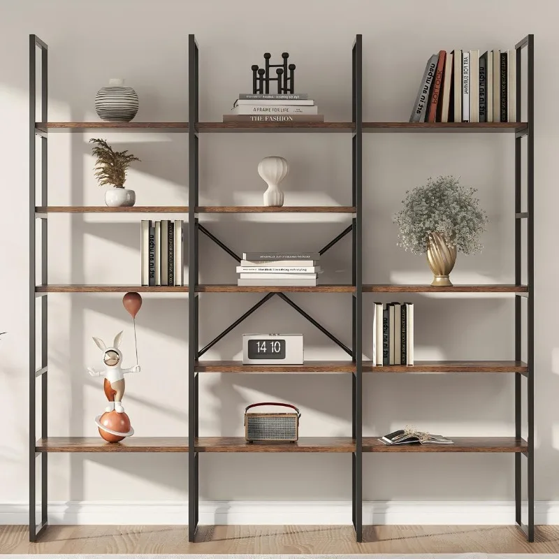 Large Bookshelf 5 Tiers, Triple Wide Geometric Bookcase, 71 Inches Tall Industrial Book Shelves Etagere Book Case